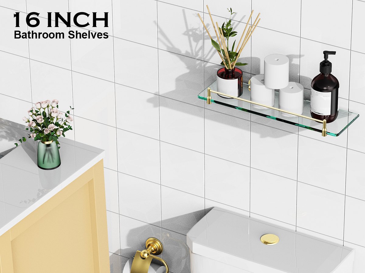 Woindo Bathroom Glass Shelf with Railing, Floating Tempered Glass Bathroom Wall Shelf Rectangle 16 Inch Shelves Gold Bracket Mount Modern - 图片 9