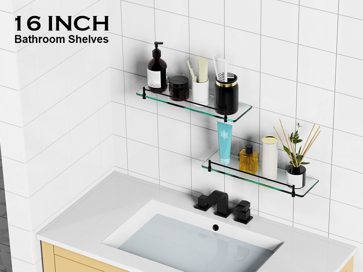 Woindo Bathroom Glass Shelf with Railing, Floating Tempered Glass Bathroom Wall Shelf Rectangle 16 Inch Shelves Black Bracket Mount Modern - 图片 9