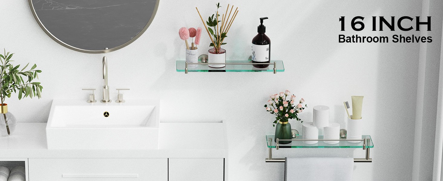 Woindo Bathroom Glass Shelf with Railing, Floating Tempered Glass Bathroom Wall Shelf Rectangle 16 Inch Over The Toilet Storage Cabinet, Gaming Floating Shelves, Bathroom Accessories and Home Decor - 图片 9