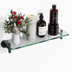 Woindo Bathroom Glass Shelf, Floating Tempered Glass Bathroom Wall Shelf Rectangle 16 Inch Shelves Black Bracket Mount Modern