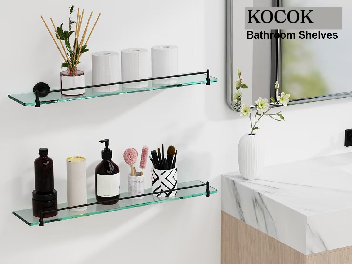 Woindo Bathroom Glass Shelf with Railing, Floating Tempered Glass Bathroom Wall Shelf Rectangle 20 Inch Shelves Black Bracket Mount Modern - 图片 10