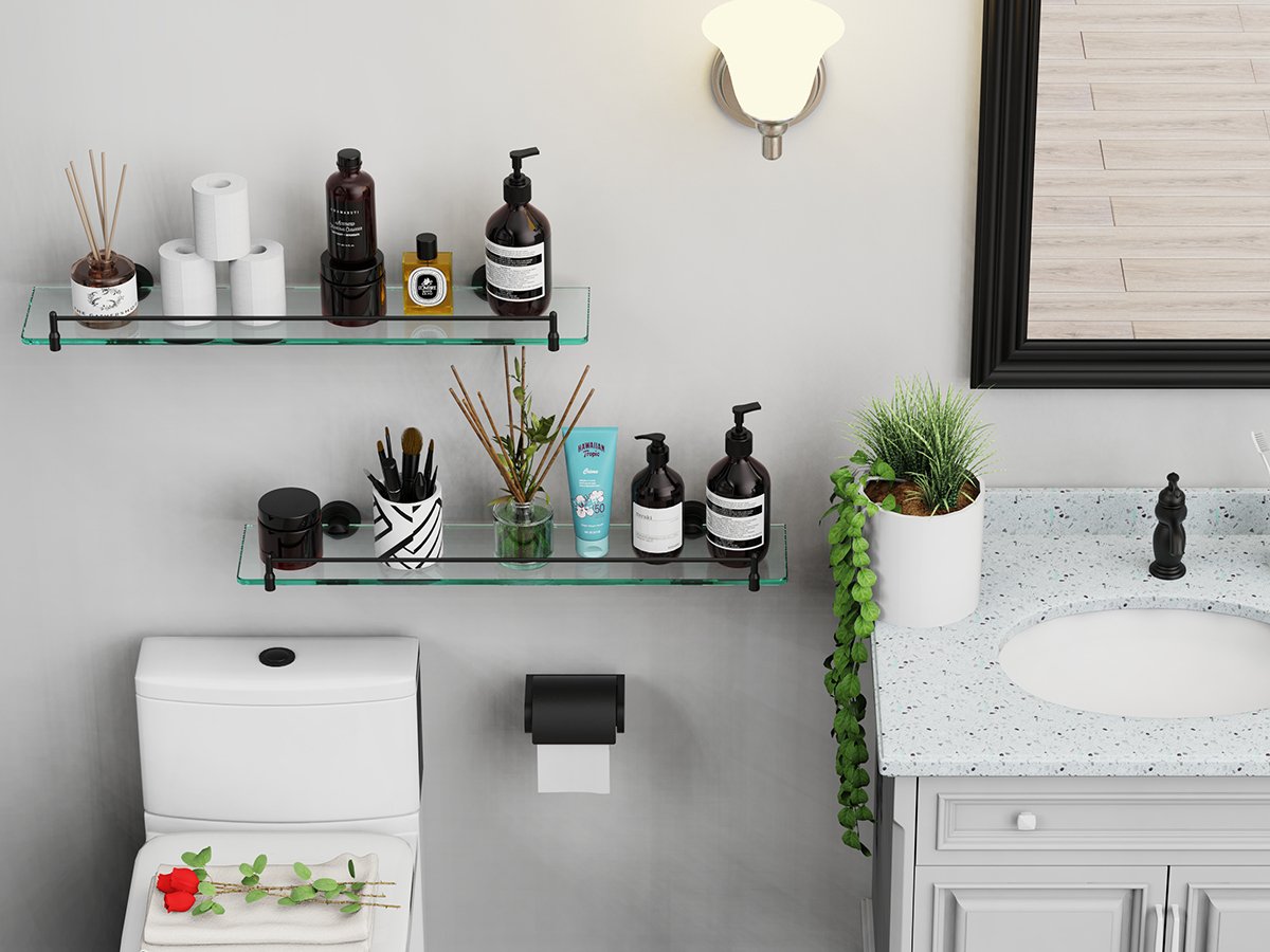 Woindo Bathroom Glass Shelf, Floating Tempered Glass Bathroom Wall Shelf Rectangle 24 Inch Shelves Black Bracket Mount Modern - 图片 9