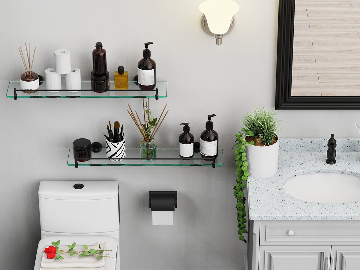Woindo Bathroom Glass Shelf with Railing, Floating Tempered Glass Bathroom Wall Shelf Rectangle 20 Inch Shelves Black Bracket Mount Modern - 图片 7