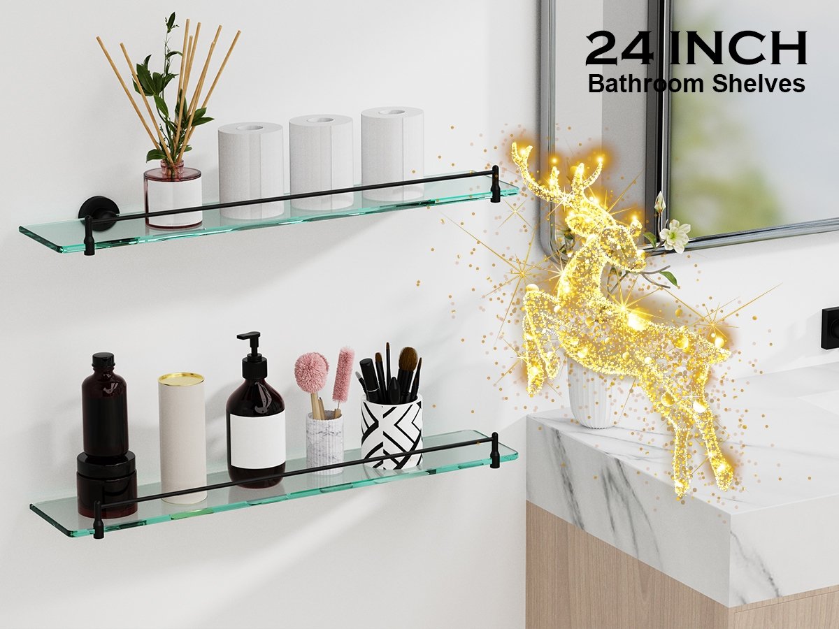 Woindo Bathroom Glass Shelf, Floating Tempered Glass Bathroom Wall Shelf Rectangle 24 Inch Shelves Black Bracket Mount Modern - 图片 7