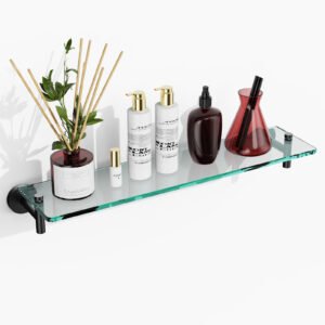 Woindo Bathroom Glass Shelf, Floating Tempered Glass Bathroom Wall Shelf Rectangle 20 Inch Shelves Black Bracket Mount Modern