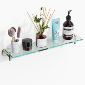 Woindo Bathroom Glass Shelf, Floating Tempered Glass Bathroom Wall Shelf Rectangle 20 Inch Shelves Brushed Nickel Bracket Mount Modern