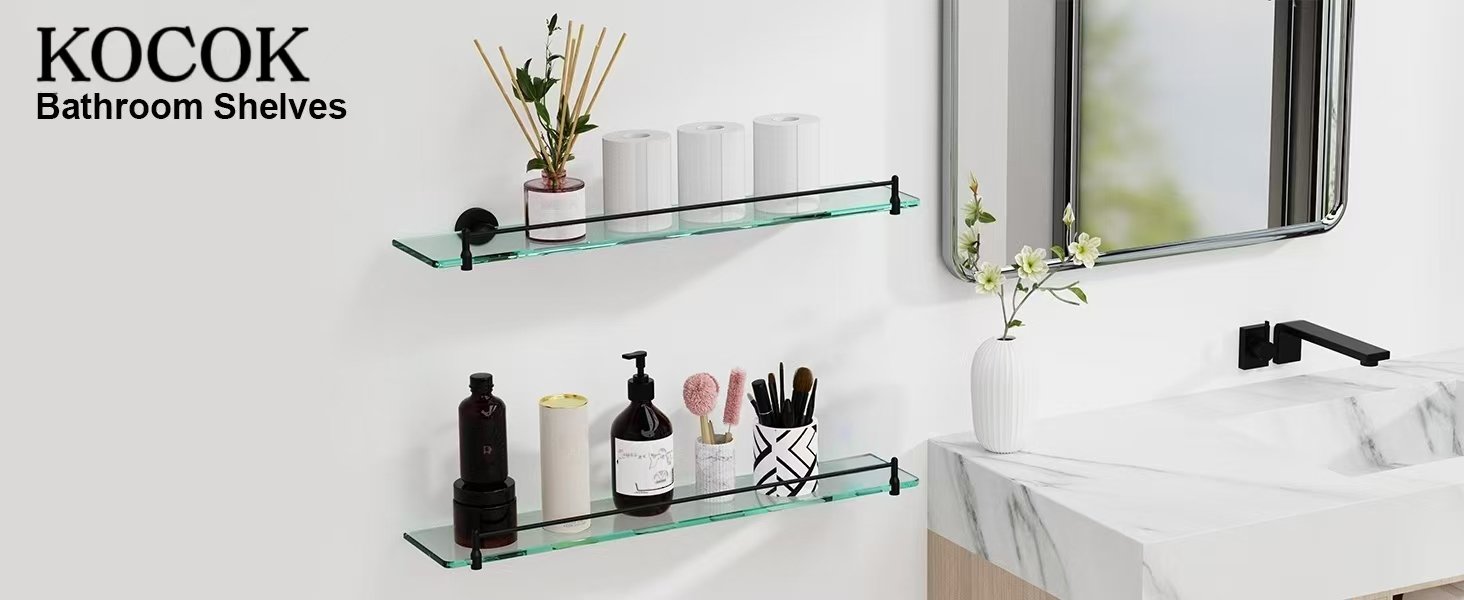 Woindo Bathroom Glass Shelf with Railing, Floating Tempered Glass Bathroom Wall Shelf Rectangle 20 Inch Shelves Black Bracket Mount Modern - 图片 6