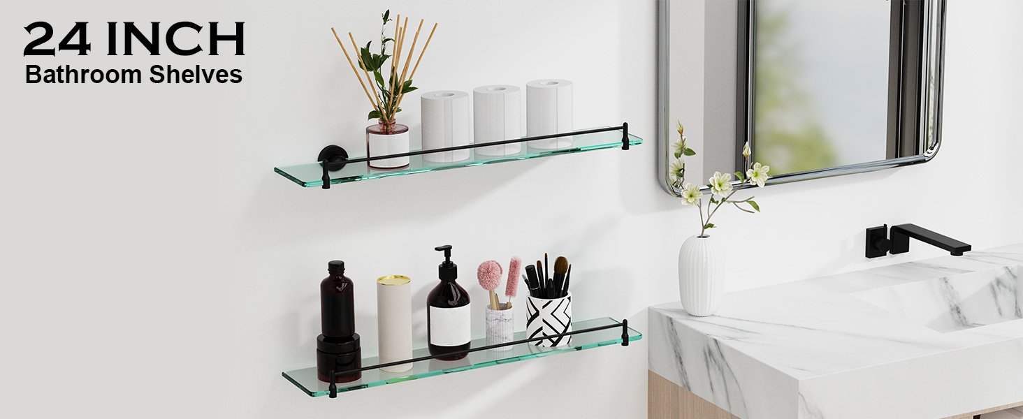 Woindo Bathroom Glass Shelf, Floating Tempered Glass Bathroom Wall Shelf Rectangle 24 Inch Shelves Black Bracket Mount Modern - 图片 6
