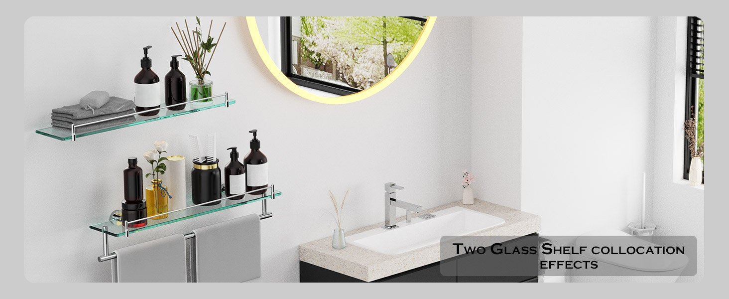 Woindo Bathroom Glass Shelf, Floating Tempered Glass Bathroom Wall Shelf Rectangle 24 inch Shelves Chrome Polished Bracket Mount Modern - 图片 6
