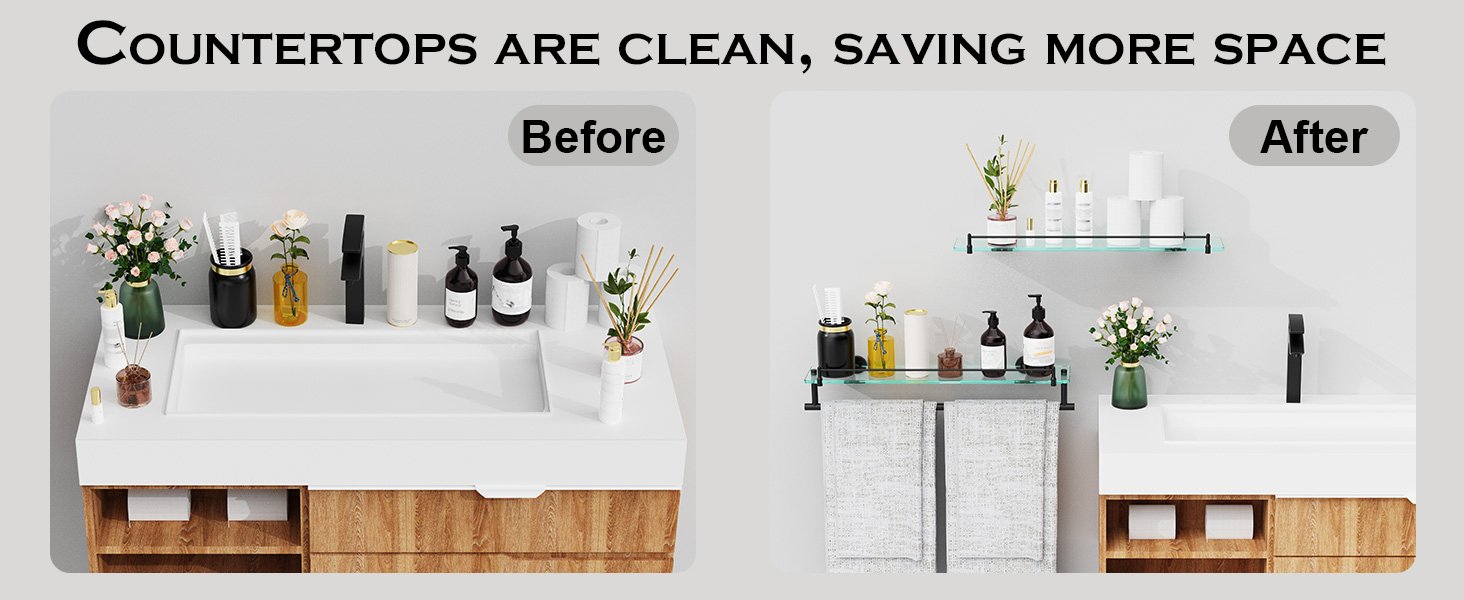 Woindo Bathroom Glass Shelf with Railing, Floating Tempered Glass Bathroom Wall Shelf Rectangle 20 Inch Shelves Black Bracket Mount Modern - 图片 5