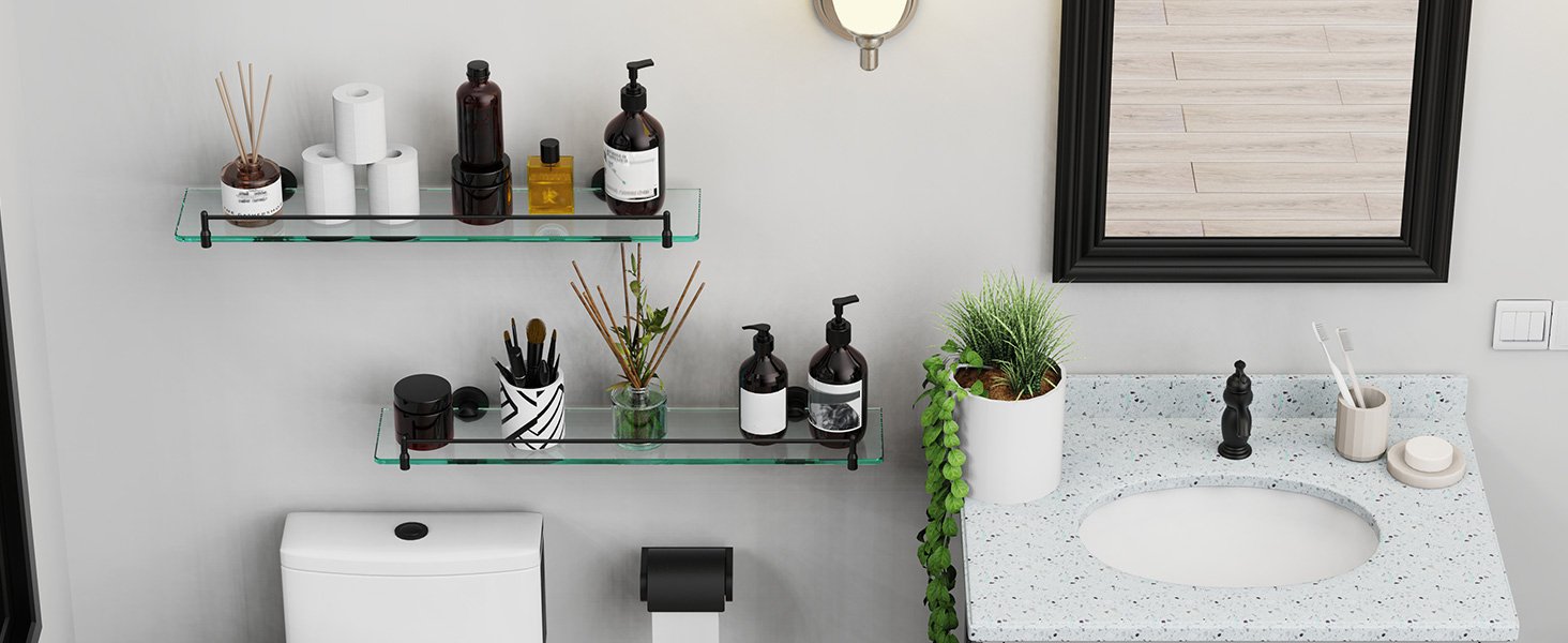Woindo Bathroom Glass Shelf with Railing, Floating Tempered Glass Bathroom Wall Shelf Rectangle 20 Inch Shelves Black Bracket Mount Modern - 图片 3