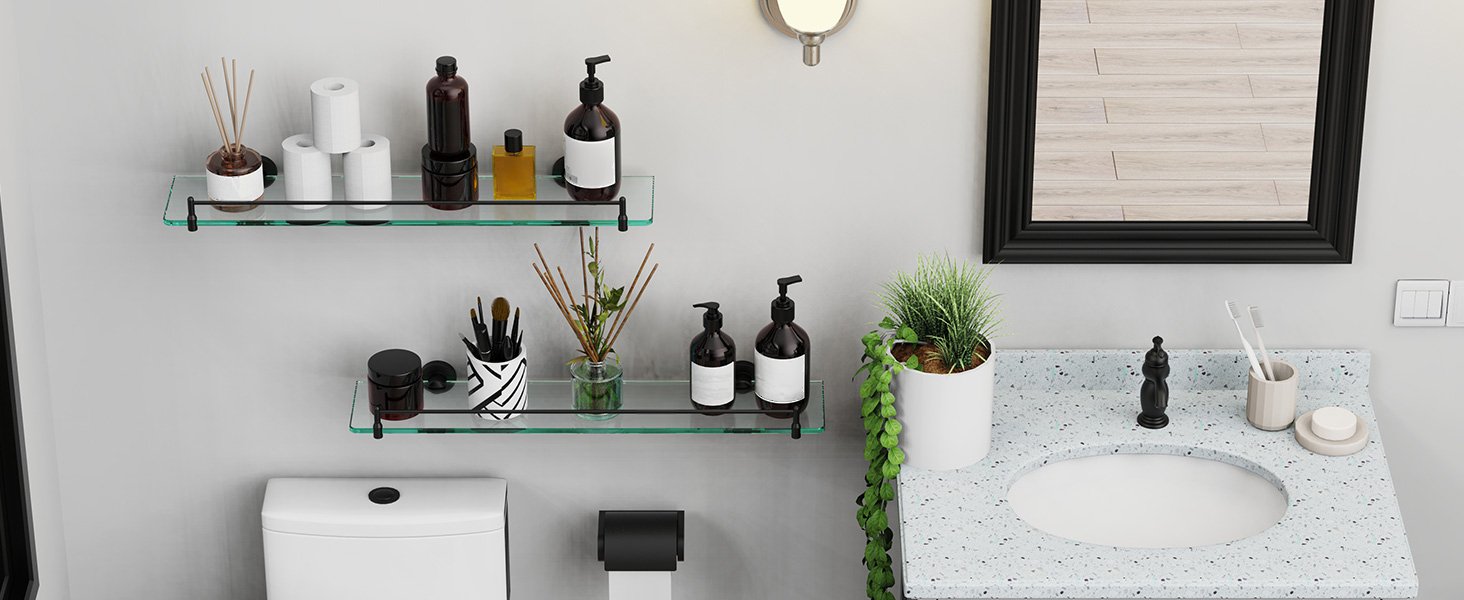 Woindo Bathroom Glass Shelf, Floating Tempered Glass Bathroom Wall Shelf Rectangle 24 Inch Shelves Black Bracket Mount Modern - 图片 3