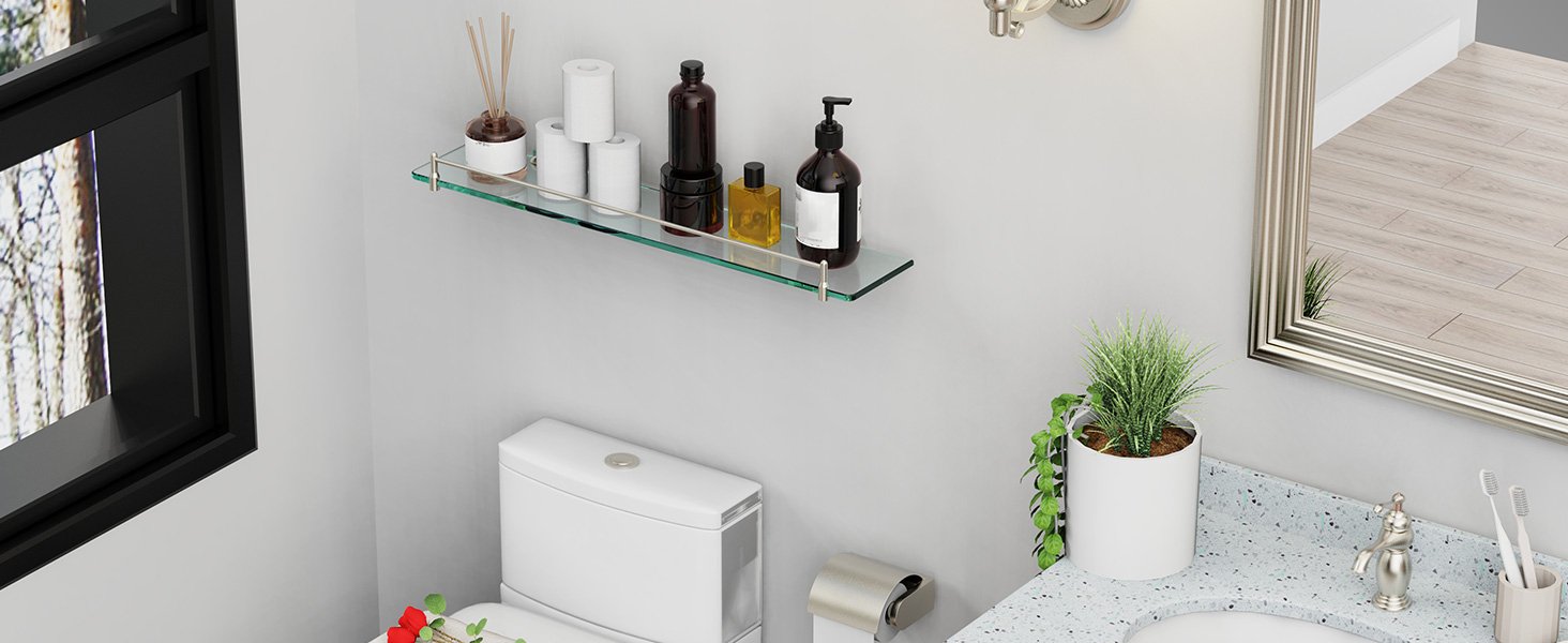 Woindo Bathroom Glass Shelf, Floating Tempered Glass Bathroom Wall Shelf Rectangle 24 inch Shelves Chrome Polished Bracket Mount Modern - 图片 3
