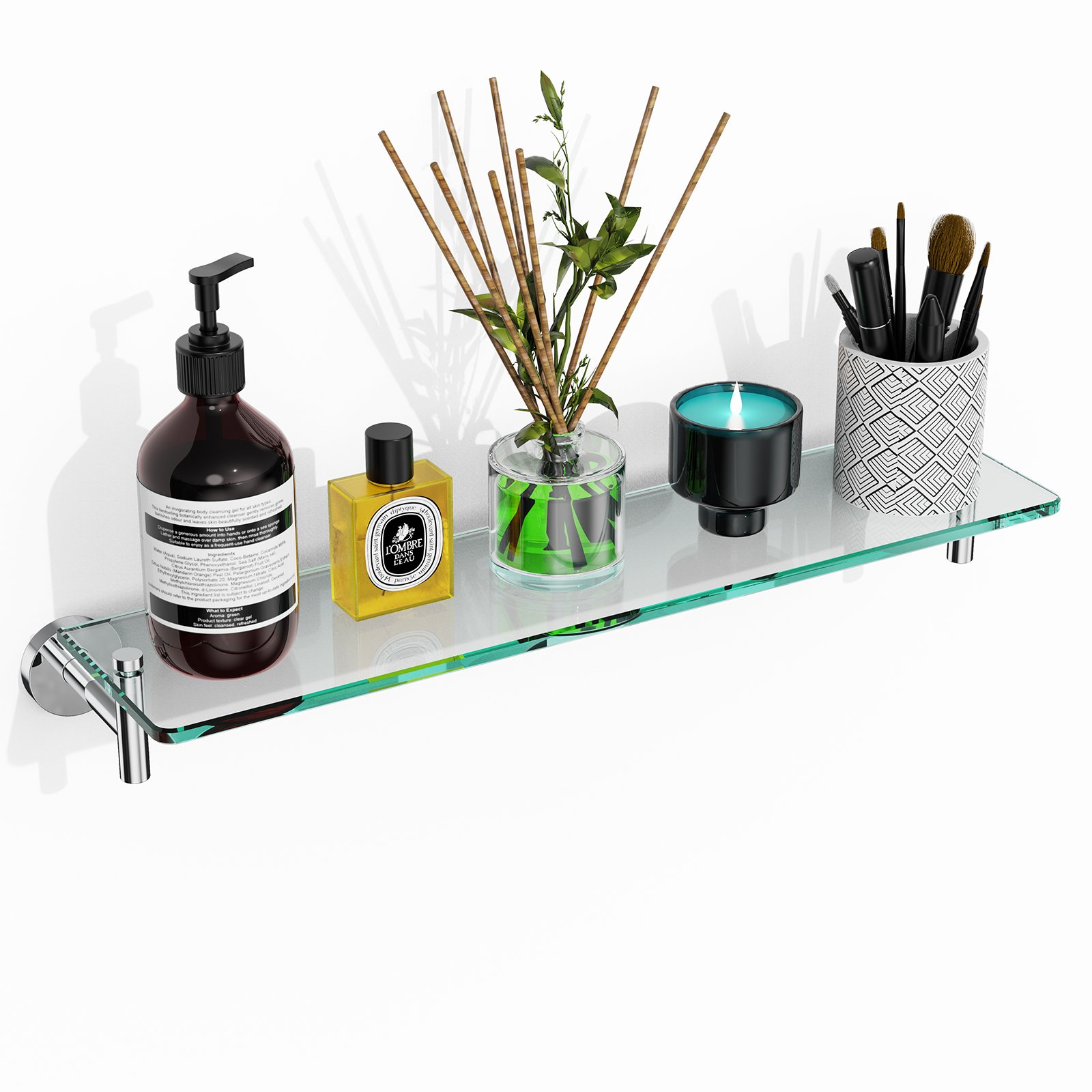 Woindo Bathroom Glass Shelf, Floating Tempered Glass Bathroom Wall Shelf Rectangle 20 Inch Shelves Chrome Polished Bracket Mount Modern - 图片 6