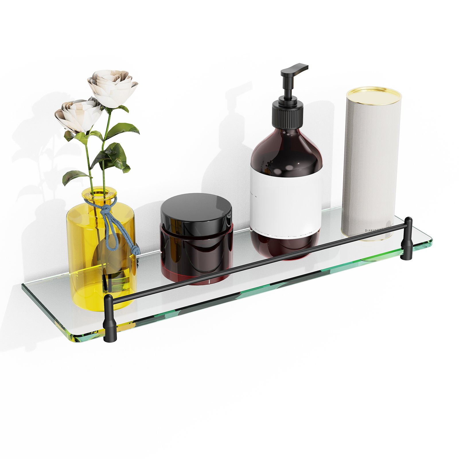 Woindo Bathroom Glass Shelf with Railing, Floating Tempered Glass Bathroom Wall Shelf Rectangle 16 Inch Shelves Black Bracket Mount Modern