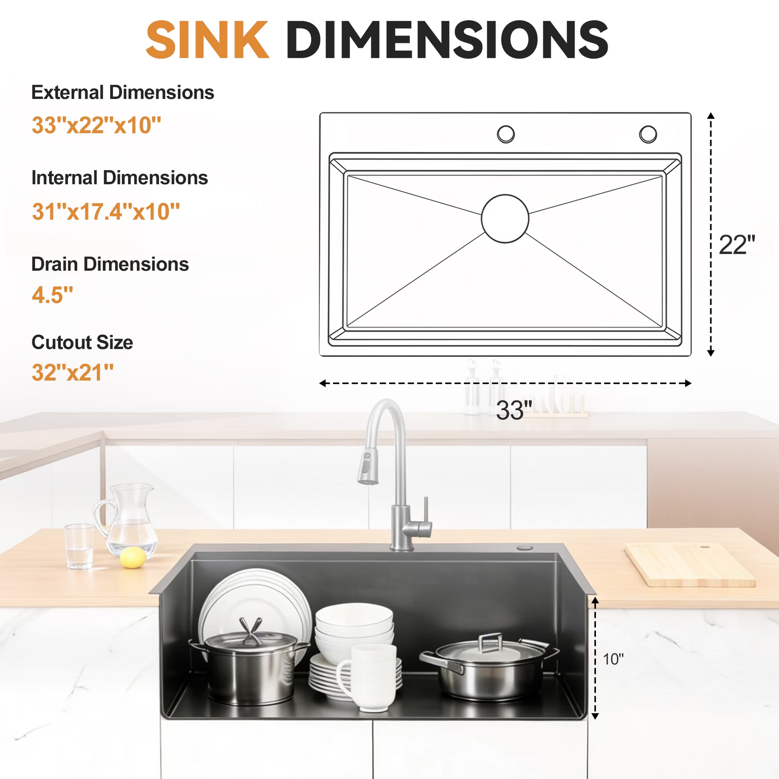 33 Inch Drop In & Undermount Kitchen Sink, Single Bowl Stainless Steel Kitchen Sink, Deep Basin Rust Resistant Farmhouse Sink with Noise Canceling Technology Black - 图片 9