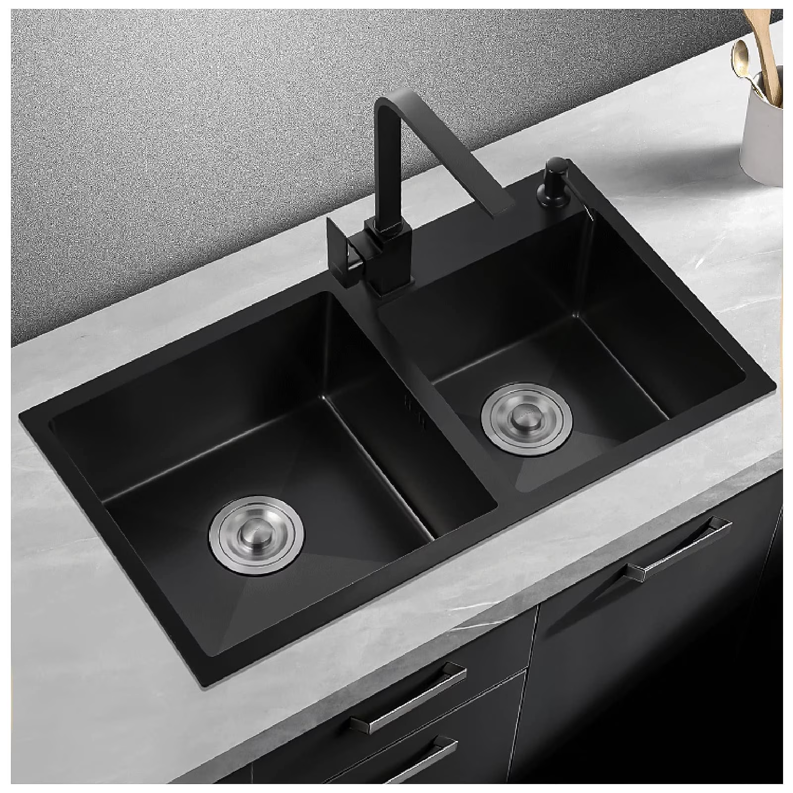 32 Inch Double Bowl Kitchen Sink, Drop In Stainless Steel Sink, Undermount Dual Basin Workstation Sink, Rustproof & Noise Reduction Kitchen Sink Black - 图片 9