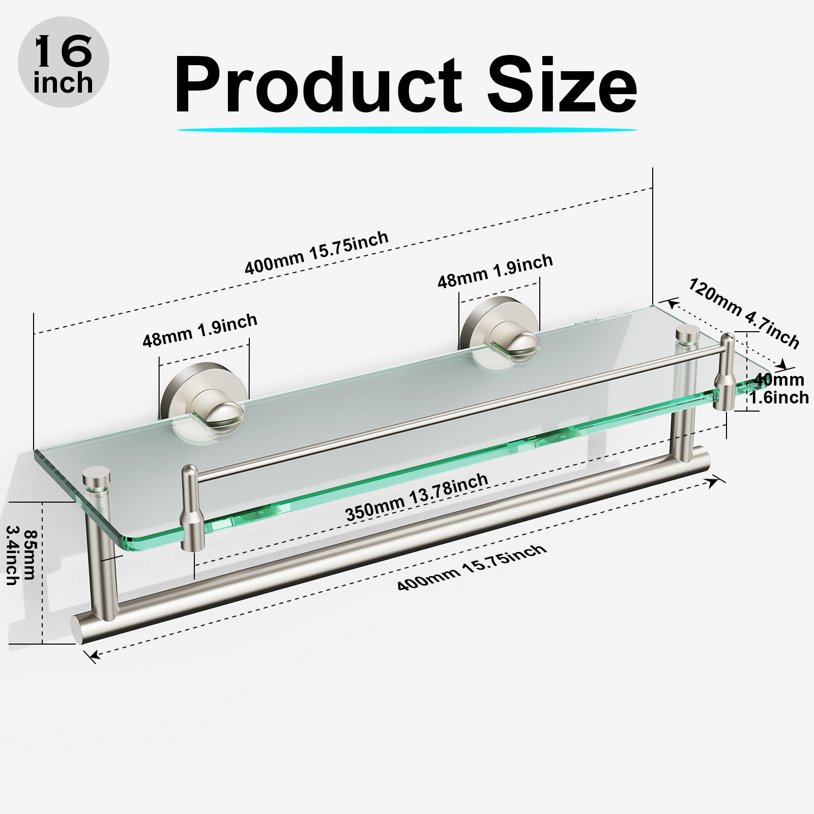 Woindo Bathroom Glass Shelf with Railing, Floating Tempered Glass Bathroom Wall Shelf Rectangle 16 Inch Over The Toilet Storage Cabinet, Gaming Floating Shelves, Bathroom Accessories and Home Decor - 图片 13