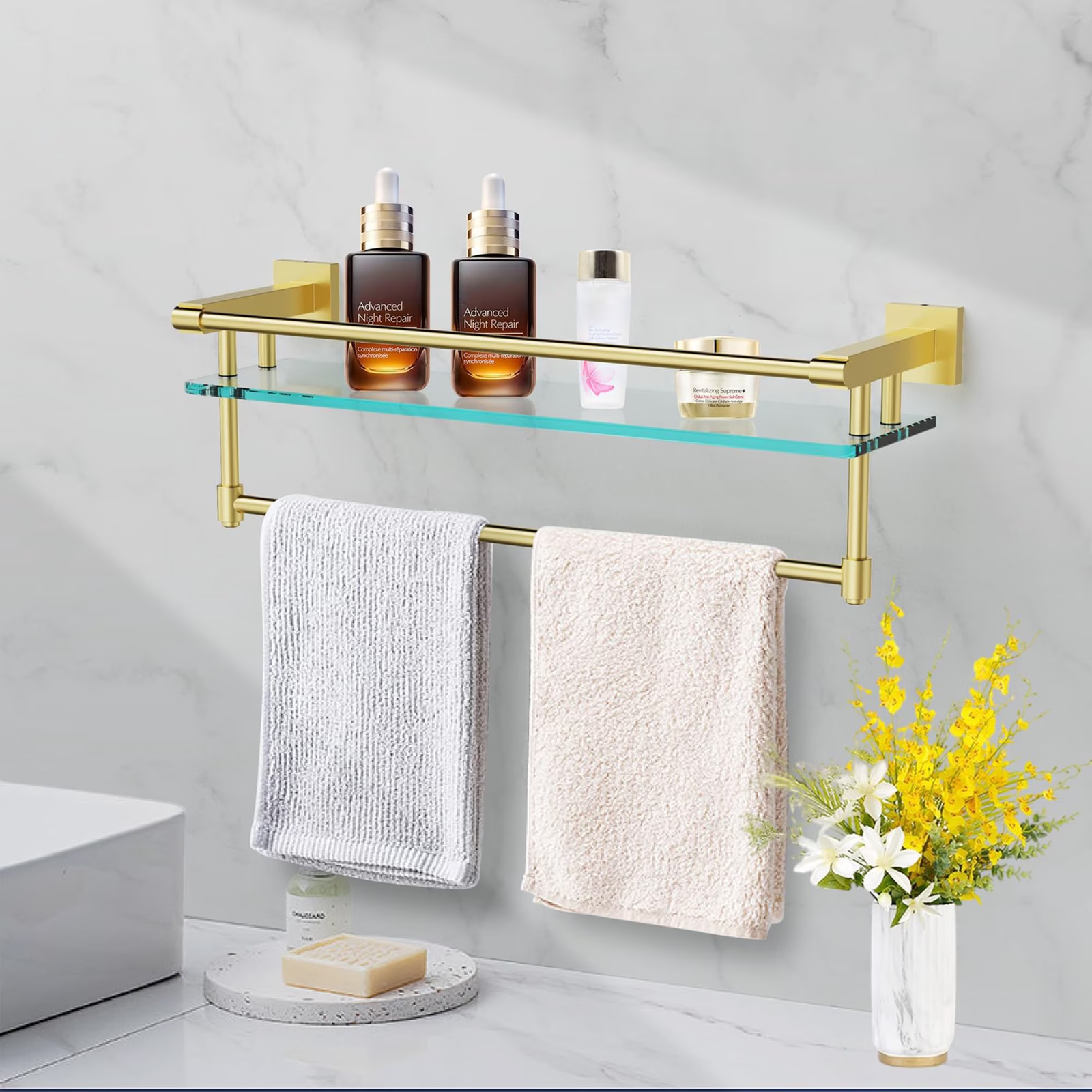 Woindo Bathroom Glass Shelf with Full-coverage Railing, Floating Tempered Glass Bathroom Wall Shelf Rectangle 24 Inch Over The Toilet Storage Cabinet, Towels, Gaming Floating Shelves - 图片 6