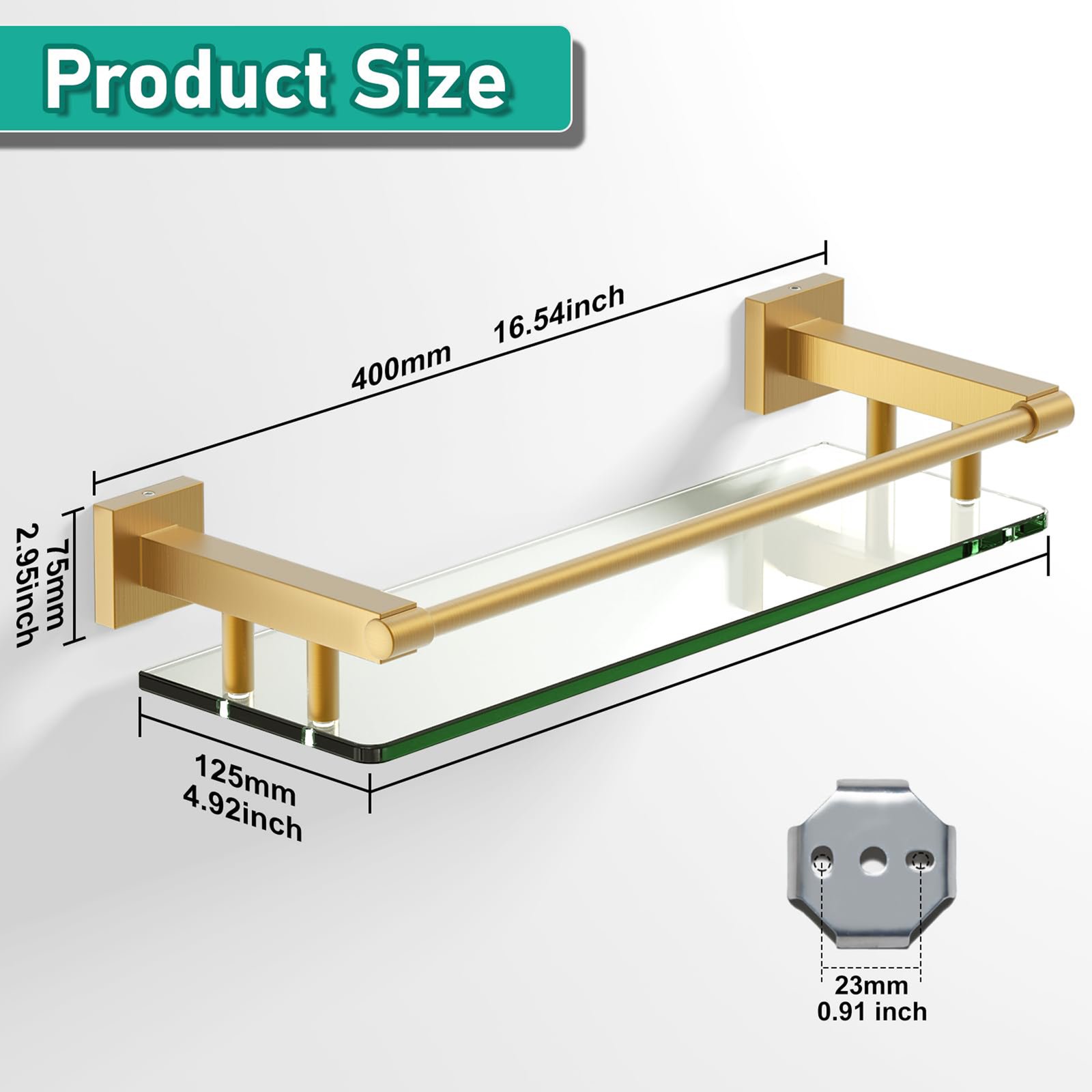 Woindo Bathroom Glass Shelf with Full-coverage Railing, Floating Tempered Glass Bathroom Wall Shelf Rectangle 16 Inch Shelves Gold Bracket Mount Modern - 图片 7