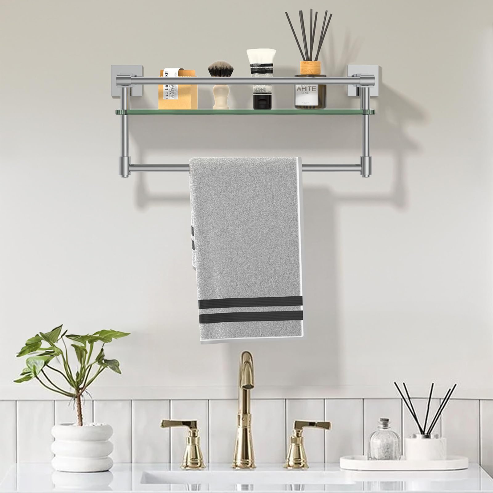 Woindo Bathroom Glass Shelf with Full-coverage Railing, Floating Tempered Glass Bathroom Wall Shelf Rectangle 16 Inch Over The Toilet Storage Cabinet, Towels, Gaming Floating Shelves - 图片 7