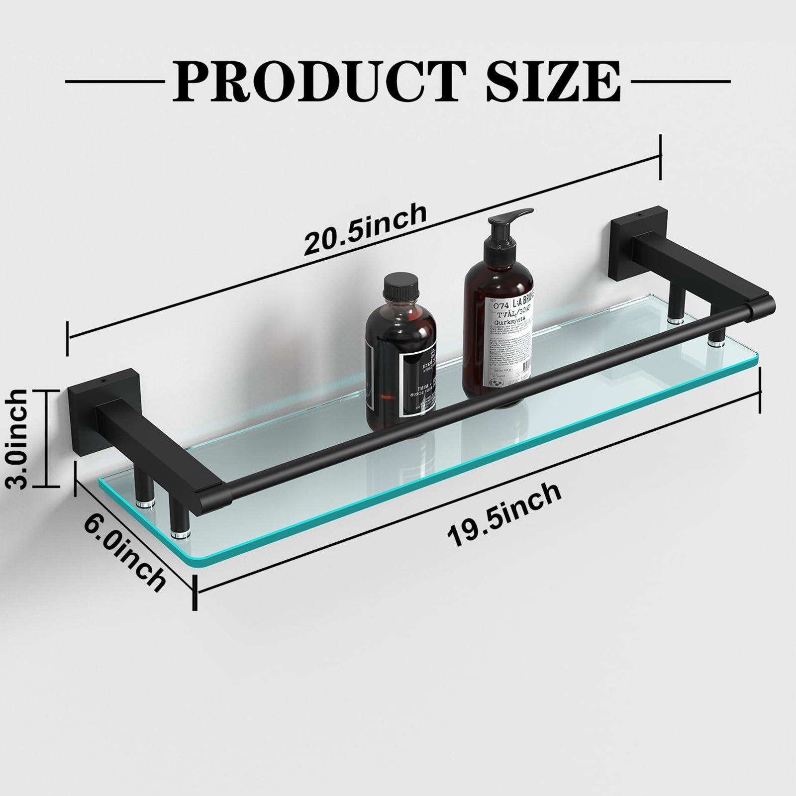 Woindo Bathroom Glass Shelf with Full-coverage Railing, Floating Tempered Glass Bathroom Wall Shelf Rectangle 20 Inch Shelves Black Bracket Mount Modern - 图片 2