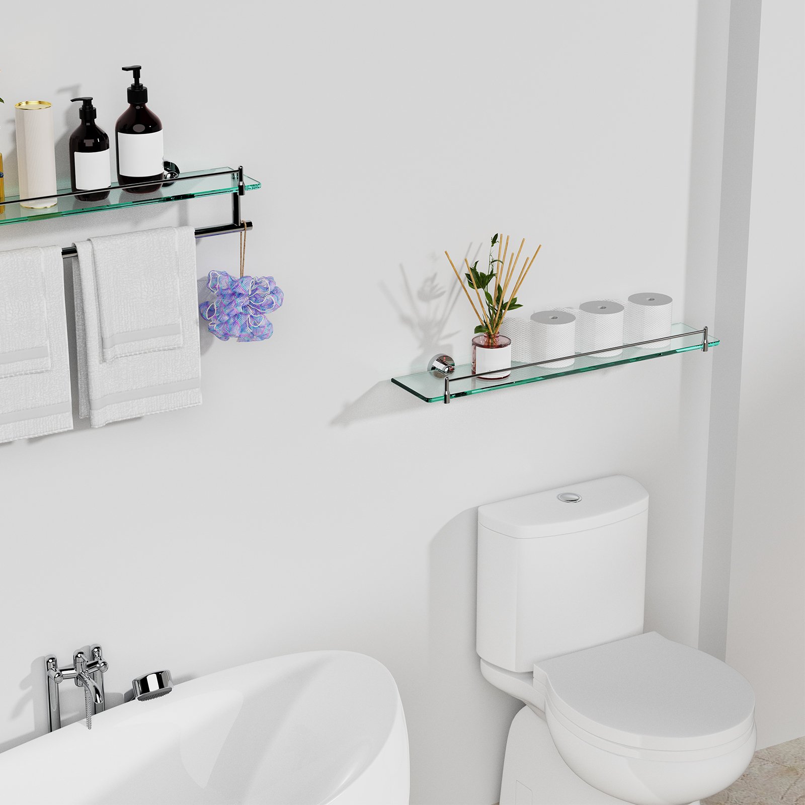 Woindo Bathroom Glass Shelf, Floating Tempered Glass Bathroom Wall Shelf Rectangle 24 inch Shelves Chrome Polished Bracket Mount Modern - 图片 12