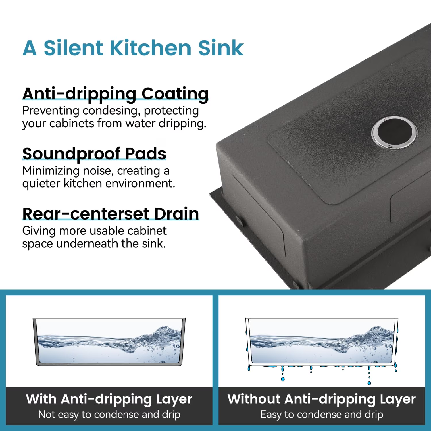 23 Inch Drop In & Undermount Kitchen Sink, Single Bowl Stainless Steel Kitchen Sink, Deep Basin Rust Resistant Farmhouse Sink with Noise Canceling Technology Black - 图片 9