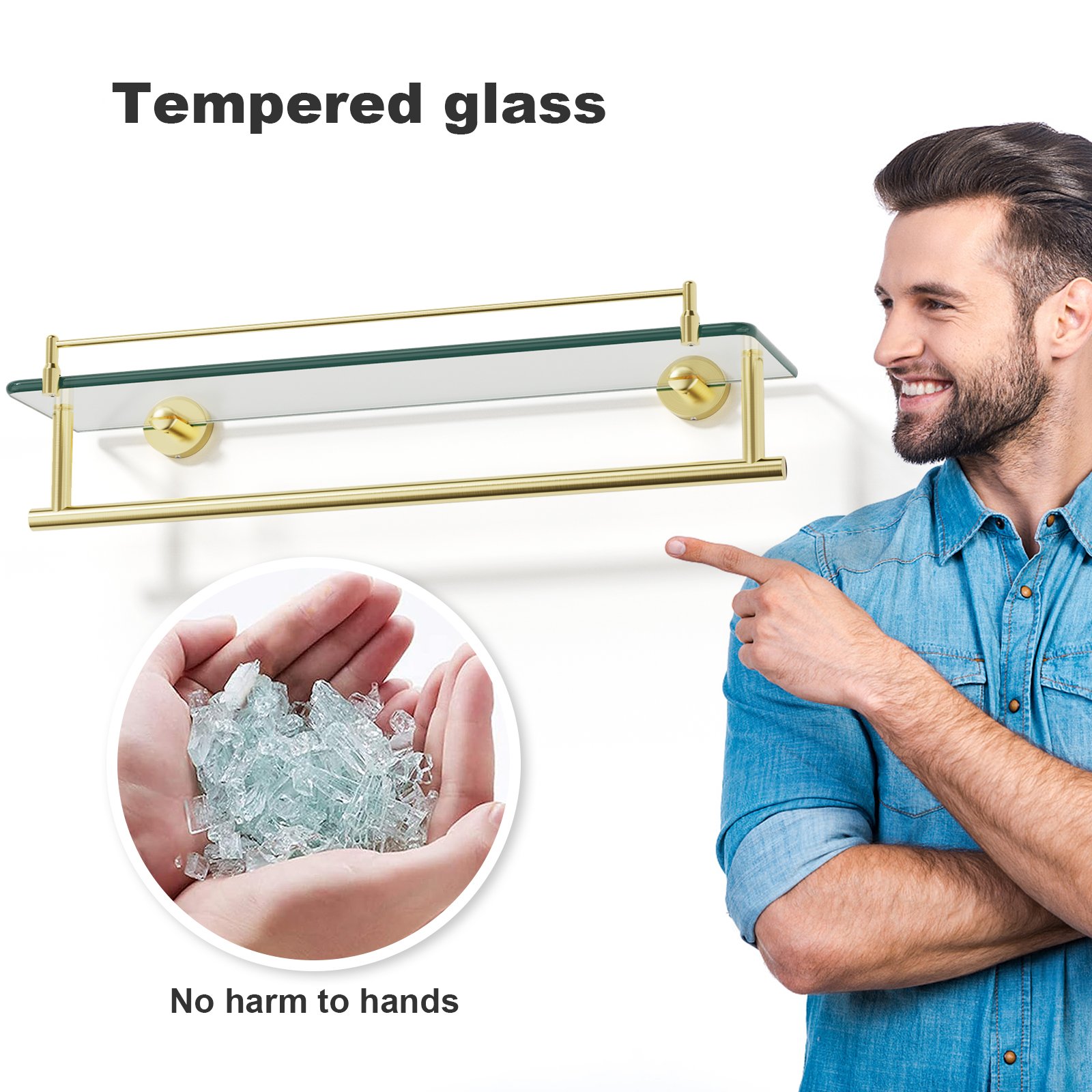 Woindo Bathroom Glass Shelf with Railing, Floating Tempered Glass Bathroom Wall Shelf Rectangle 20 Inch Over The Toilet Storage Cabinet, Gaming Floating Shelves, Bathroom Accessories and Home Decor - 图片 2