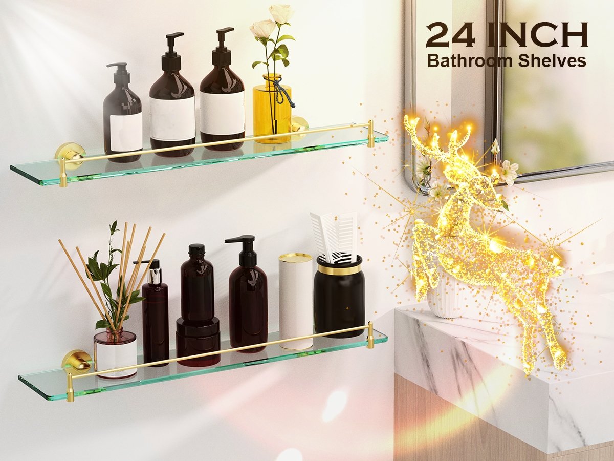 Woindo Bathroom Glass Shelf, Floating Tempered Glass Bathroom Wall Shelf Rectangle 24 Inch Shelves Gold Bracket Mount Modern - 图片 10