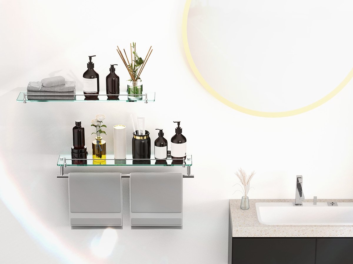 Woindo Bathroom Glass Shelf, Floating Tempered Glass Bathroom Wall Shelf Rectangle 24 inch Shelves Chrome Polished Bracket Mount Modern - 图片 10