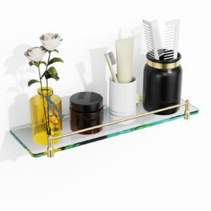 Woindo Bathroom Glass Shelf with Railing, Floating Tempered Glass Bathroom Wall Shelf Rectangle 16 Inch Shelves Gold Bracket Mount Modern