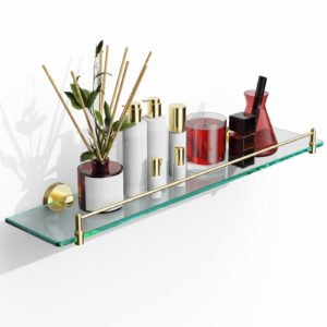 Woindo Bathroom Glass Shelf, Floating Tempered Glass Bathroom Wall Shelf Rectangle 24 Inch Shelves Gold Bracket Mount Modern