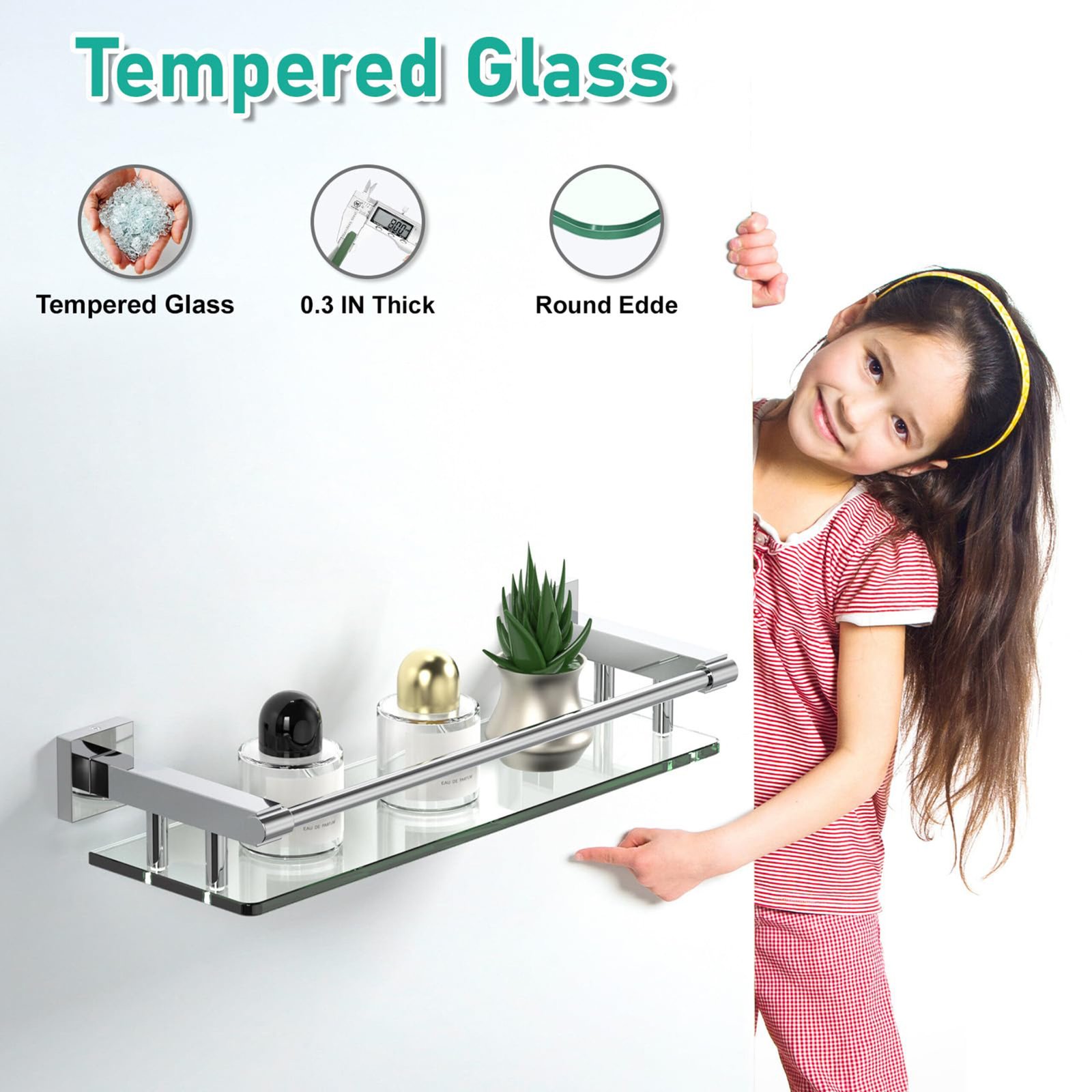 Woindo Bathroom Glass Shelf with Full-coverage Railing, Floating Tempered Glass Bathroom Wall Shelf Rectangle 16 Inch Shelves Chrome Polished Bracket Mount Modern - 图片 6