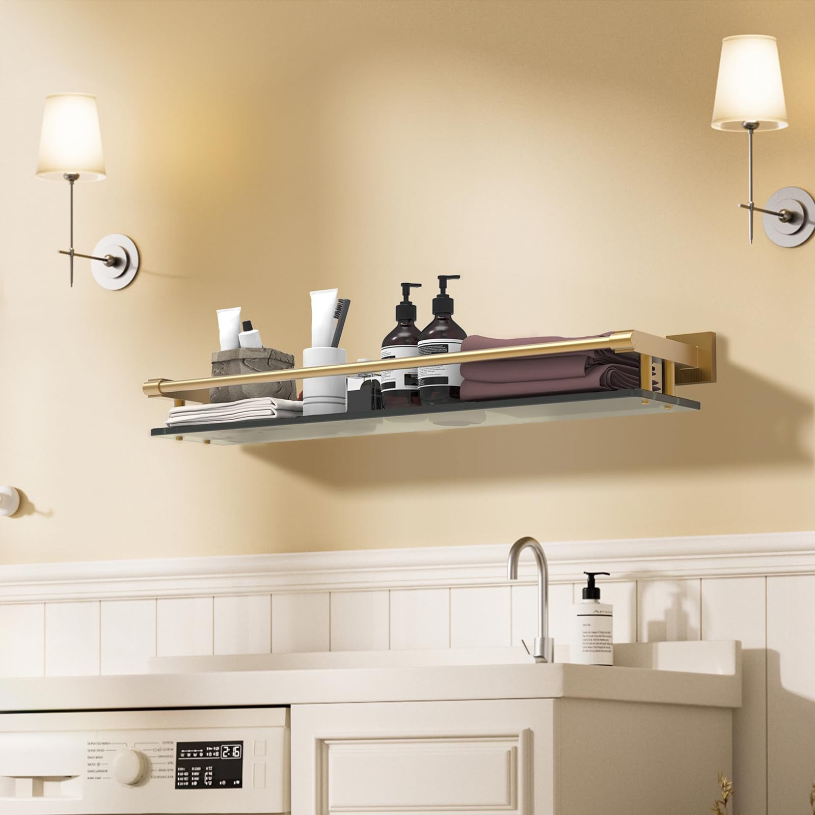 Woindo Bathroom Glass Shelf with Full-coverage Railing, Floating Tempered Glass Bathroom Wall Shelf Rectangle 24 Inch Shelves Gold Bracket Mount Modern - 图片 7