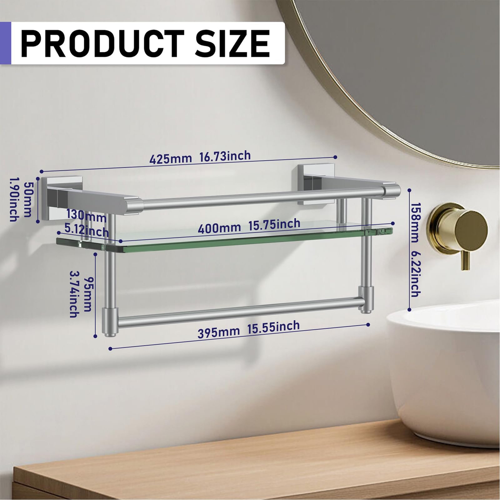 Woindo Bathroom Glass Shelf with Full-coverage Railing, Floating Tempered Glass Bathroom Wall Shelf Rectangle 16 Inch Over The Toilet Storage Cabinet, Towels, Gaming Floating Shelves - 图片 6