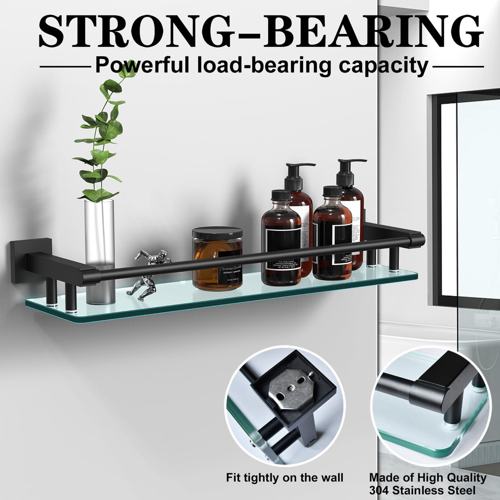 Woindo Bathroom Glass Shelf with Full-coverage Railing, Floating Tempered Glass Bathroom Wall Shelf Rectangle 20 Inch Shelves Black Bracket Mount Modern - 图片 14
