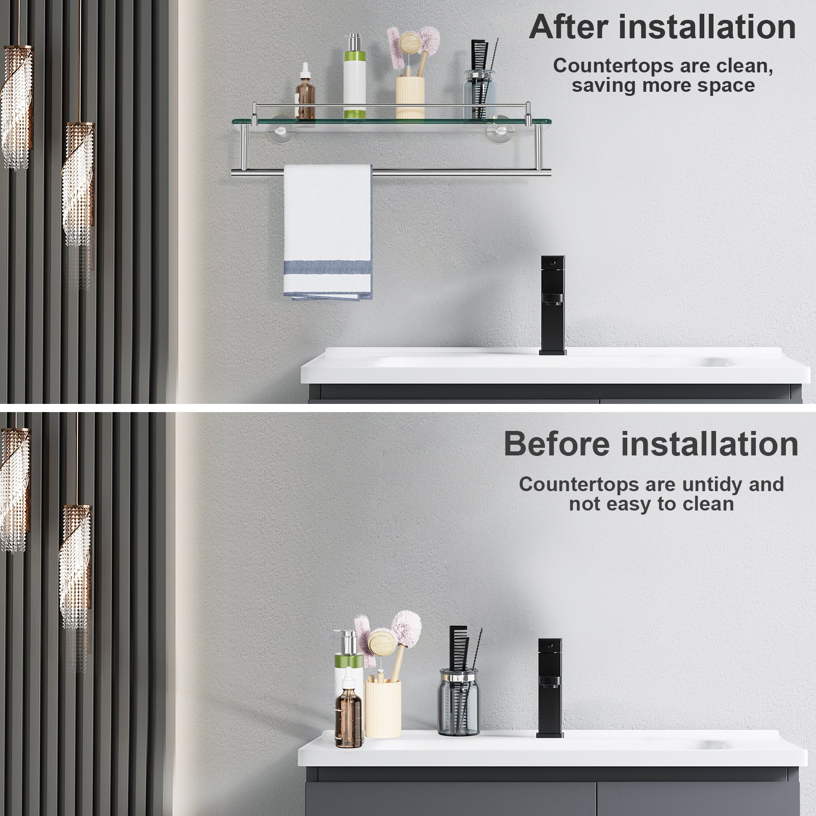 Woindo Bathroom Glass Shelf with Railing, Floating Tempered Glass Bathroom Wall Shelf Rectangle 20 Inch Over The Toilet Storage Cabinet, Gaming Floating Shelves, Bathroom Accessories and Home Decor - 图片 12