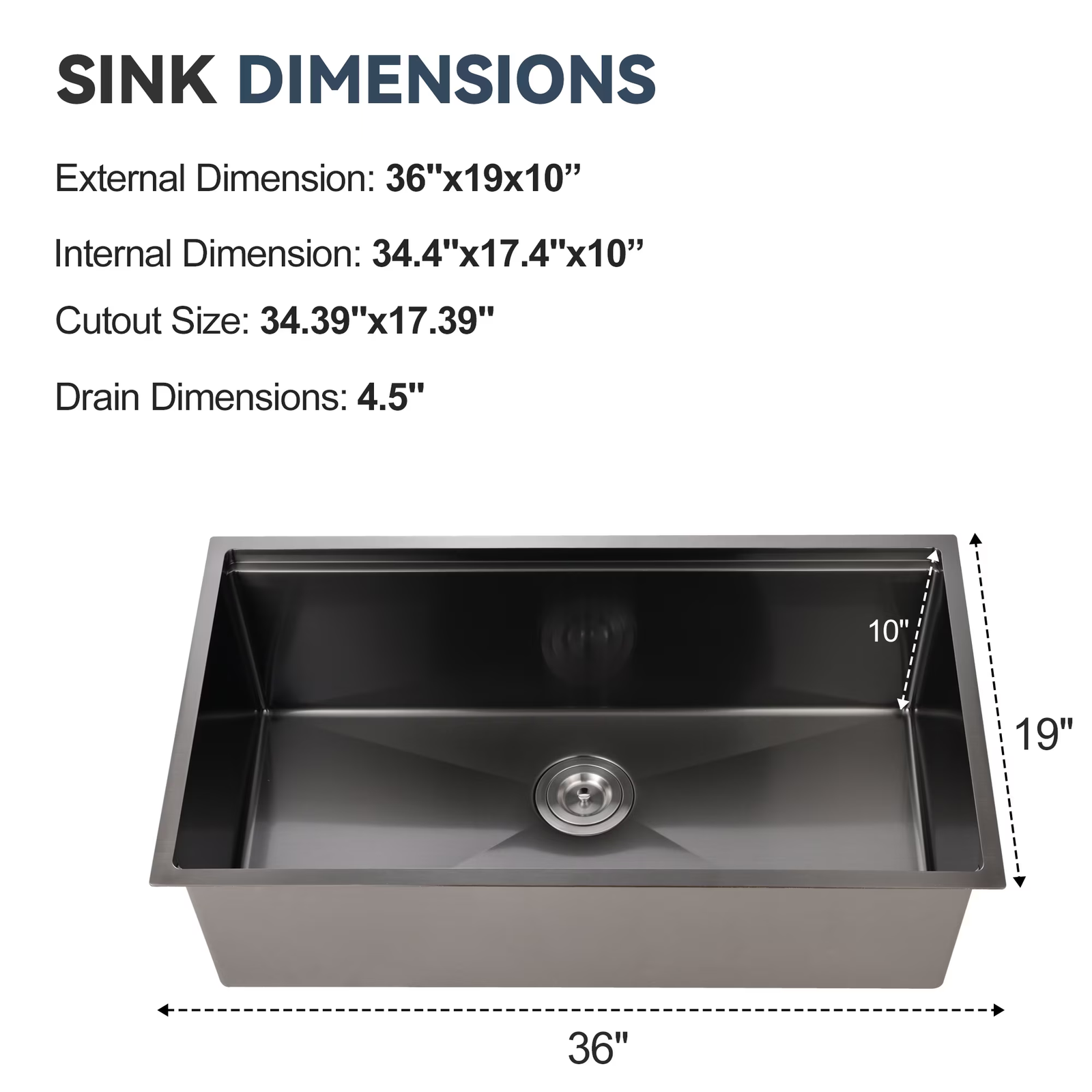 36 Inch Drop In & Undermount Kitchen Sink, Single Bowl Stainless Steel Kitchen Sink, Deep Basin Rust Resistant Farmhouse Sink with Noise Canceling Technology Black - 图片 9