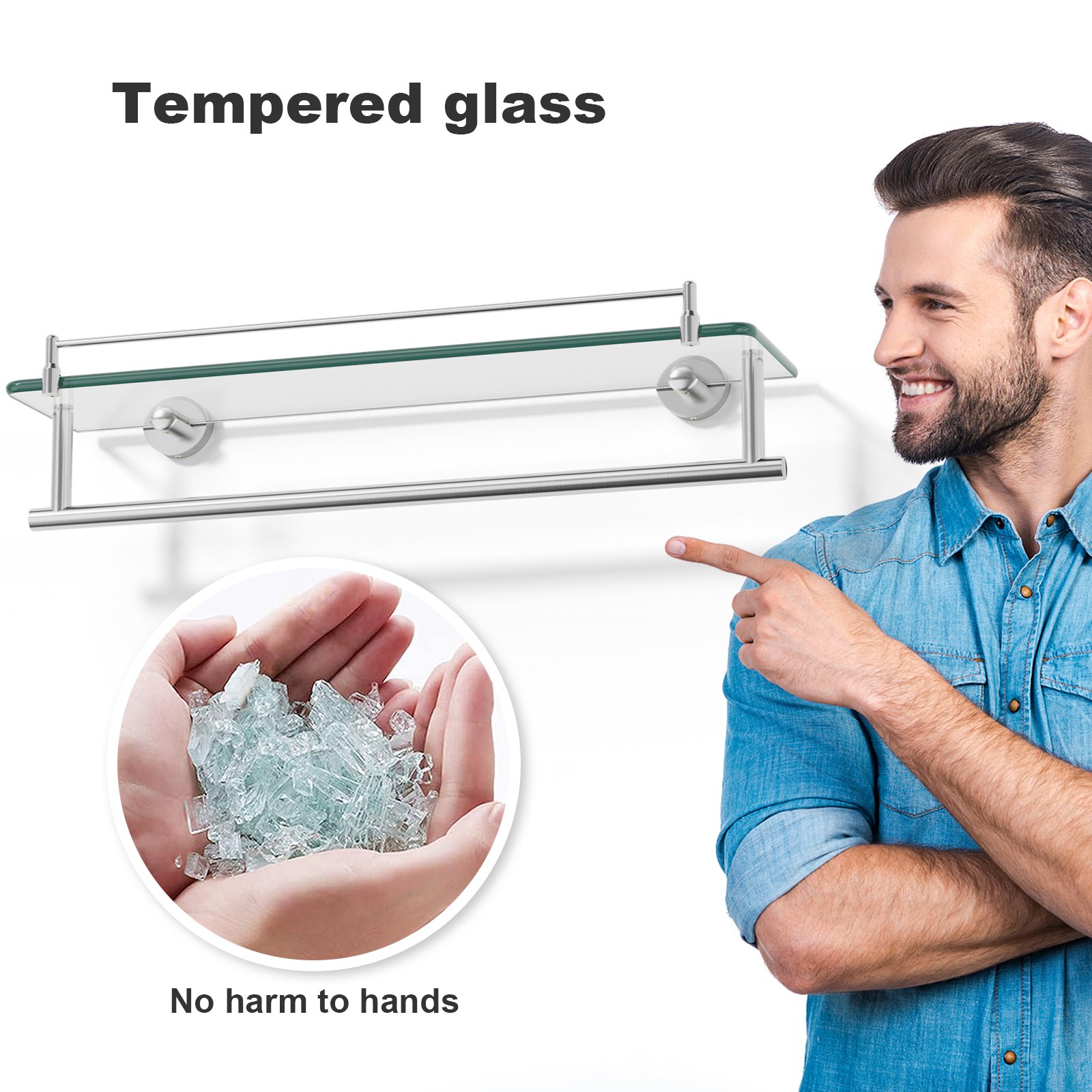 Woindo Bathroom Glass Shelf with Railing, Floating Tempered Glass Bathroom Wall Shelf Rectangle 20 Inch Over The Toilet Storage Cabinet, Gaming Floating Shelves, Bathroom Accessories and Home Decor - 图片 7