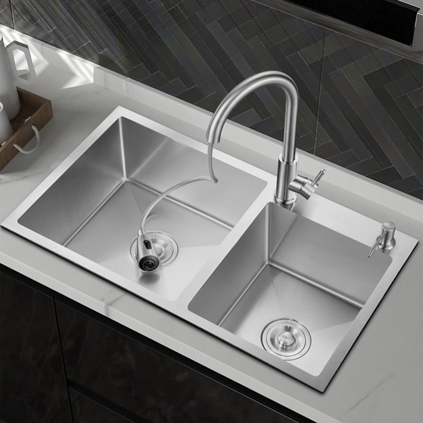 32 Inch Double Bowl Kitchen Sink, Drop In Stainless Steel Sink, Undermount Dual Basin Workstation Sink, Rustproof & Noise Reduction Kitchen Sink Brushed Silver - 图片 7