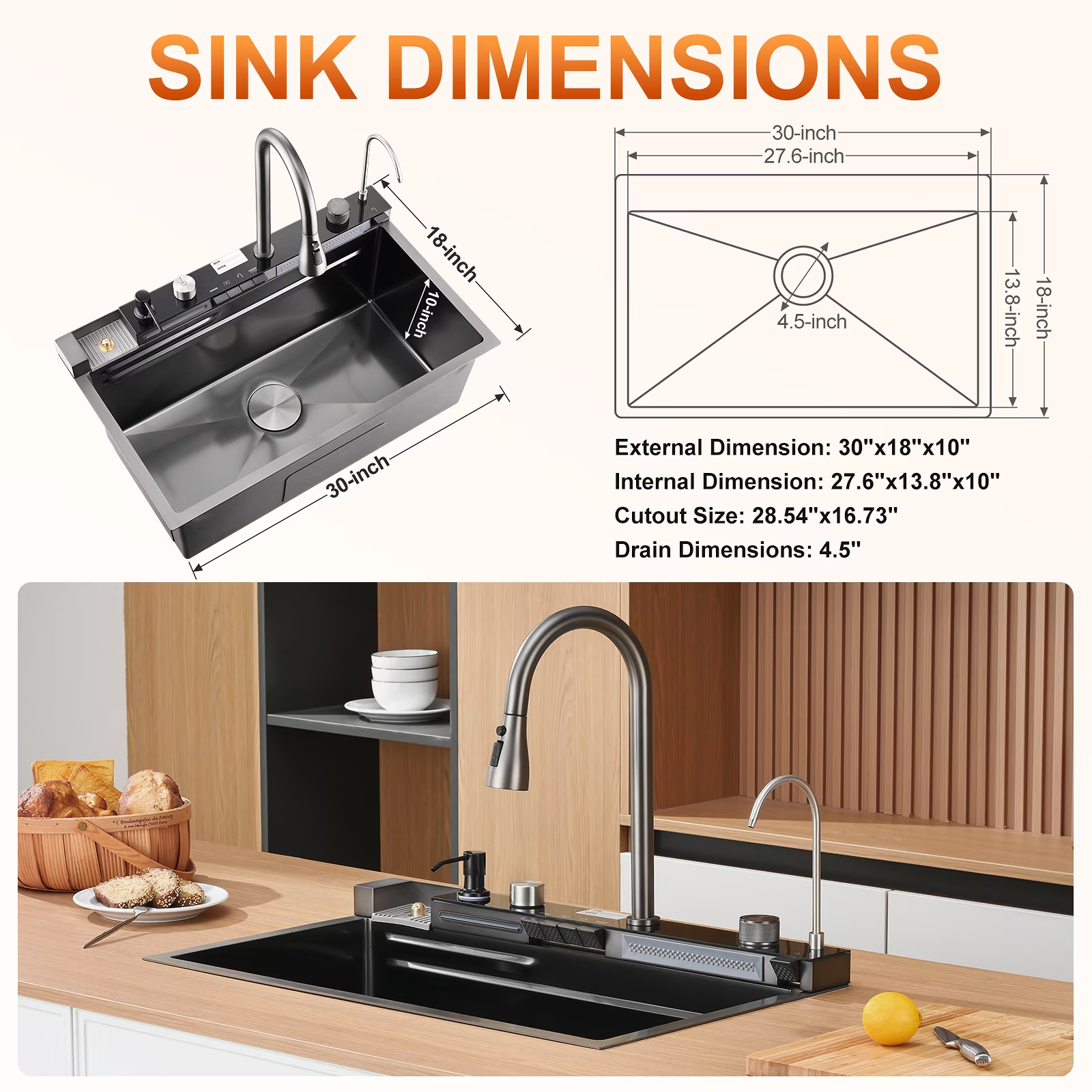 Drop In Kitchen Sink 33 Inch Single Bowl, Top Mount Stainless Steel Kitchen Sink, Deep Rust Resistant Kitchen Sink with Noise Reduction - 图片 7