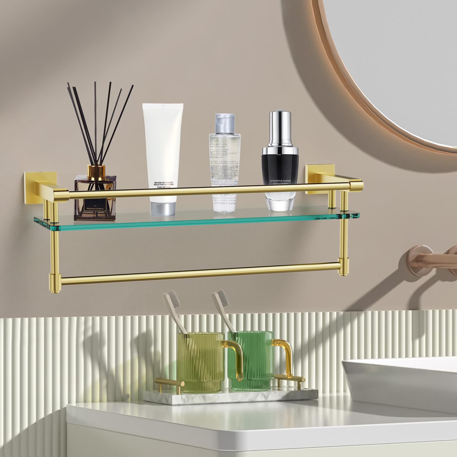 Woindo Bathroom Glass Shelf with Full-coverage Railing, Floating Tempered Glass Bathroom Wall Shelf Rectangle 24 Inch Over The Toilet Storage Cabinet, Towels, Gaming Floating Shelves - 图片 4