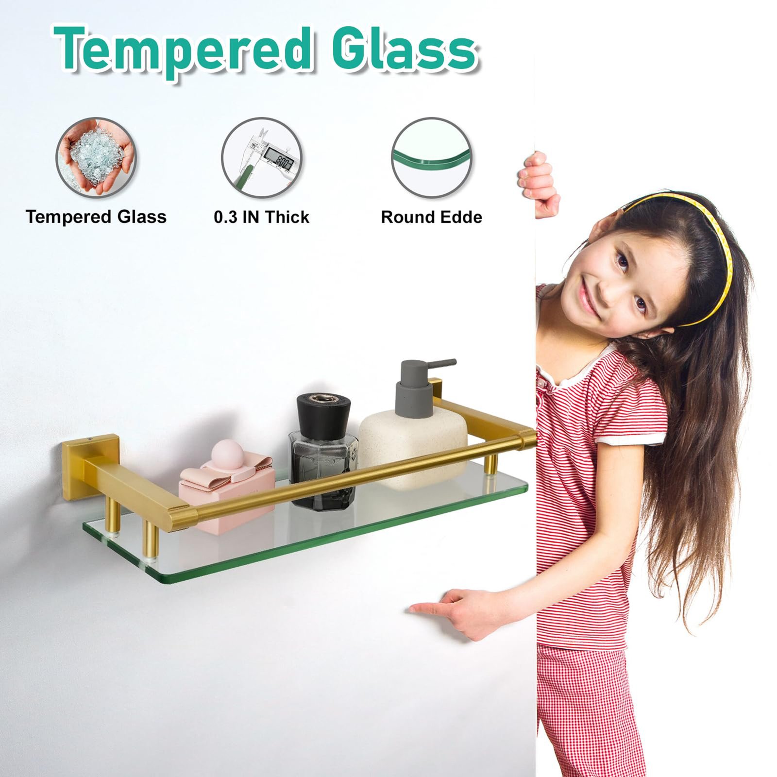 Woindo Bathroom Glass Shelf with Full-coverage Railing, Floating Tempered Glass Bathroom Wall Shelf Rectangle 16 Inch Shelves Gold Bracket Mount Modern - 图片 5