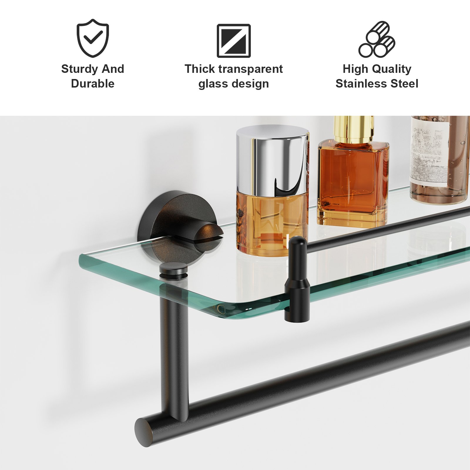 Woindo Bathroom Glass Shelf with Railing, Floating Tempered Glass Bathroom Wall Shelf Rectangle 20 Inch Over The Toilet Storage Cabinet, Gaming Floating Shelves, Bathroom Accessories and Home Decor - 图片 4