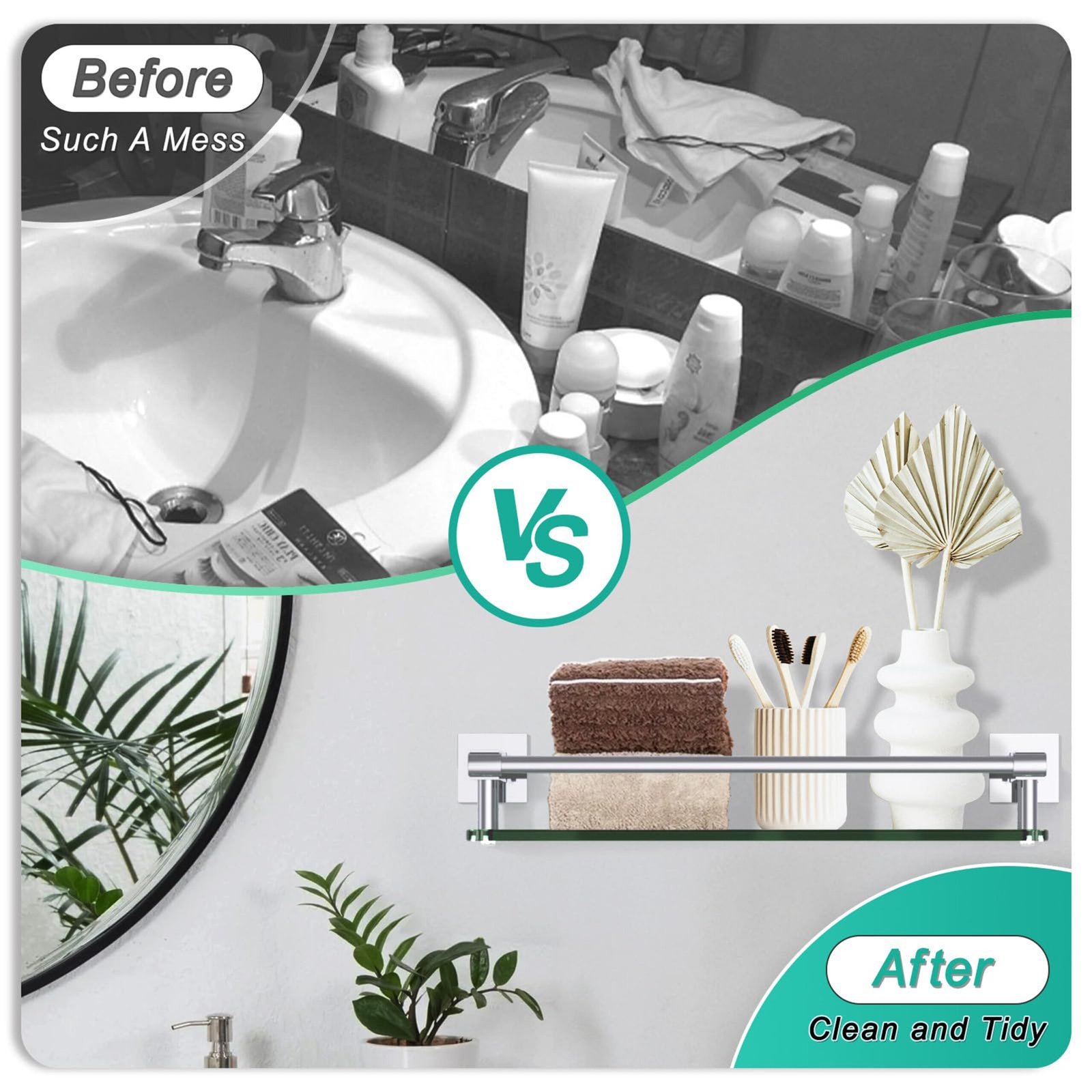 Woindo Bathroom Glass Shelf with Full-coverage Railing, Floating Tempered Glass Bathroom Wall Shelf Rectangle 16 Inch Shelves Chrome Polished Bracket Mount Modern - 图片 5