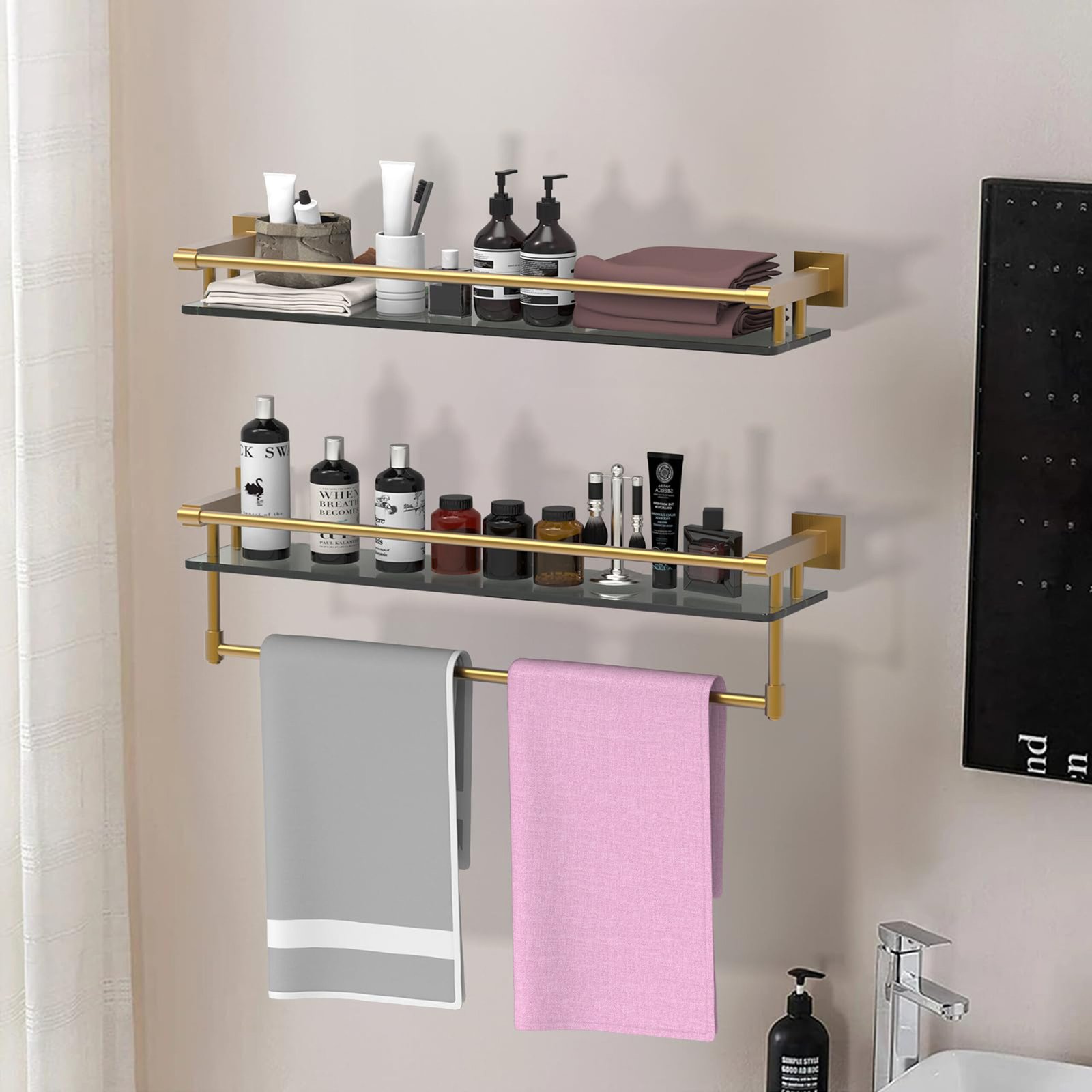 Woindo Bathroom Glass Shelf with Full-coverage Railing, Floating Tempered Glass Bathroom Wall Shelf Rectangle 24 Inch Shelves Gold Bracket Mount Modern - 图片 6