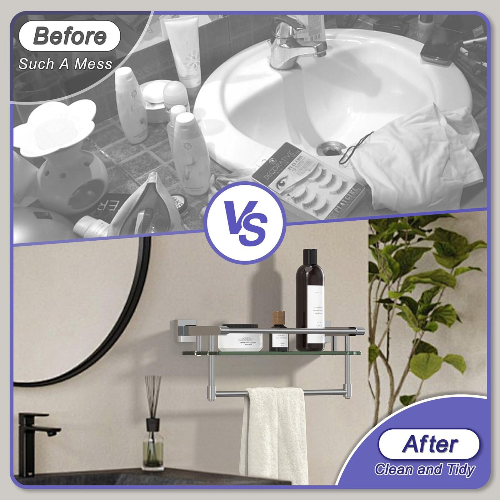 Woindo Bathroom Glass Shelf with Full-coverage Railing, Floating Tempered Glass Bathroom Wall Shelf Rectangle 16 Inch Over The Toilet Storage Cabinet, Towels, Gaming Floating Shelves - 图片 5