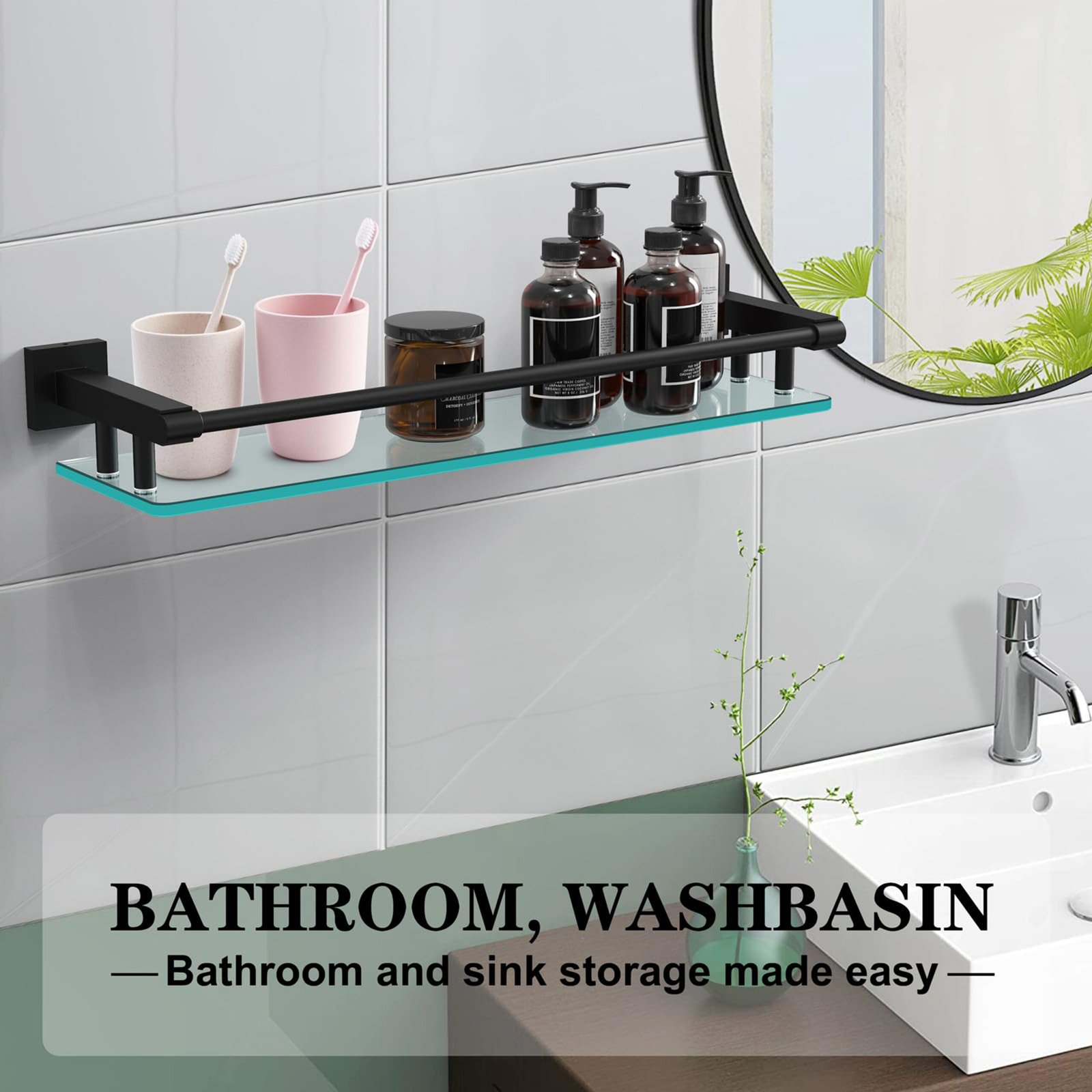Woindo Bathroom Glass Shelf with Full-coverage Railing, Floating Tempered Glass Bathroom Wall Shelf Rectangle 20 Inch Shelves Black Bracket Mount Modern - 图片 13