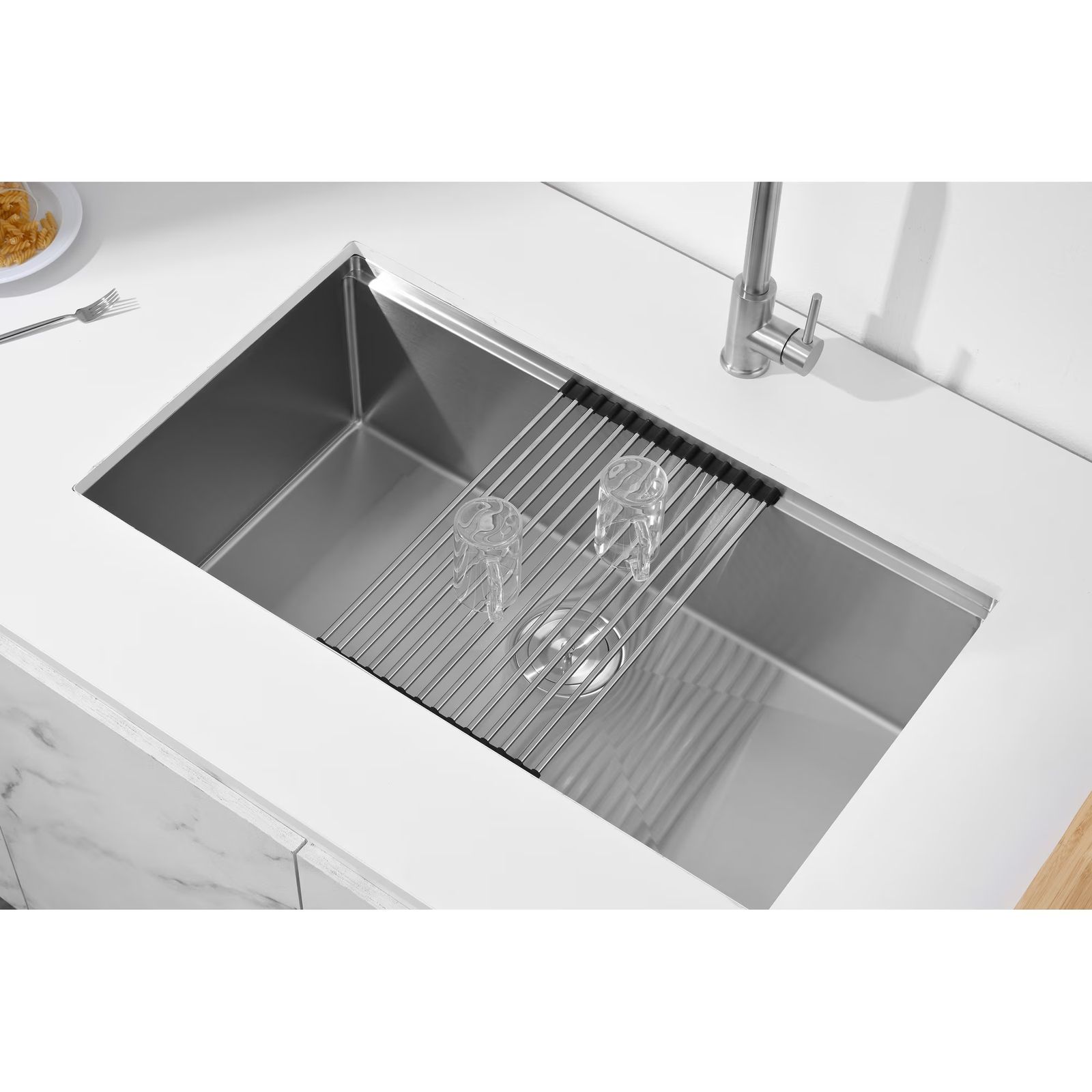 36 Inch Drop In & Undermount Kitchen Sink, Single Bowl Stainless Steel Kitchen Sink, Deep Basin Rust Resistant Farmhouse Sink with Noise Canceling Technology Brushed Silver - 图片 6